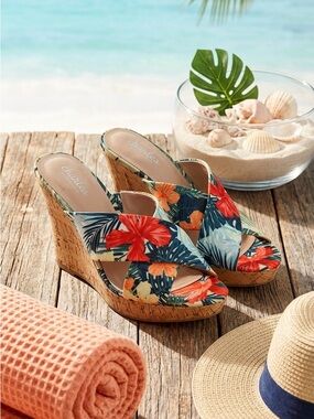 Charles David Floral Cork Wedge Sandals in Red, Orange, Navy